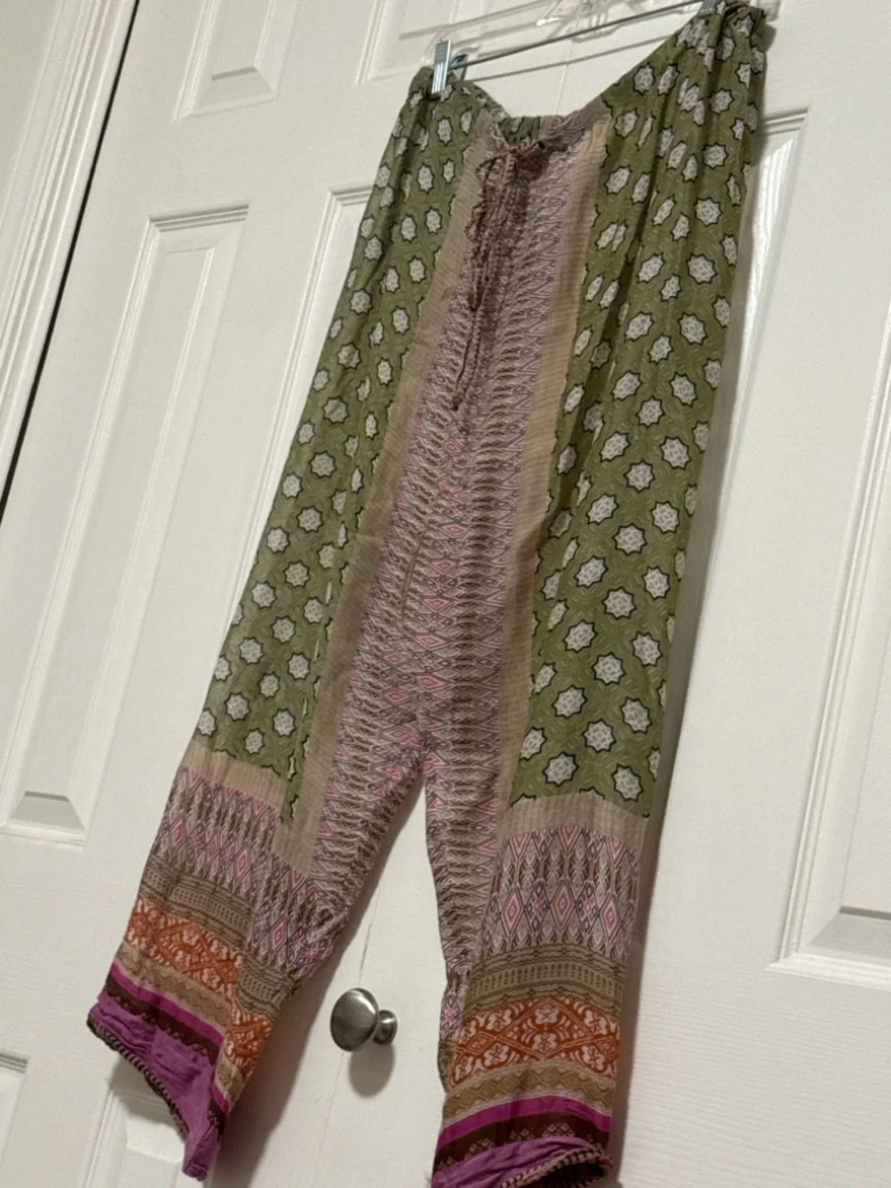 One Hundred Stars Boho Olive & Multi Print Wide-Leg 100% silk Pants. L - Picture 2 of 7